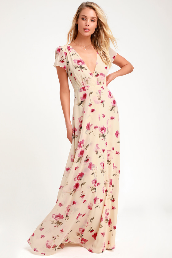 Lovely Cream Floral Print Dress - Maxi ...